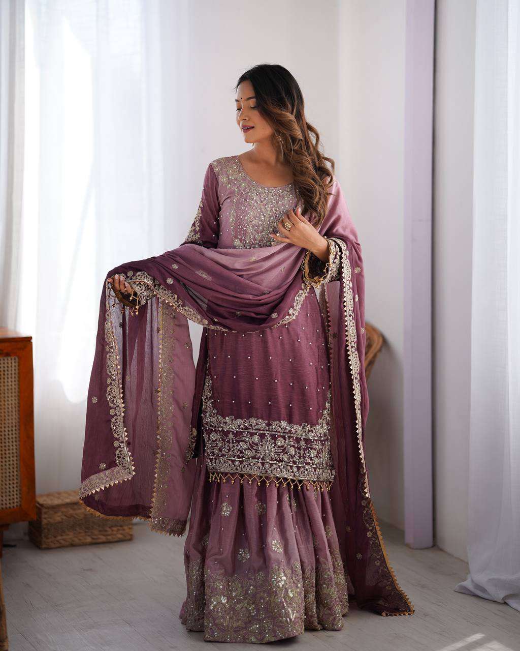 Women's Chinon Silk Sequence With Rivet Moti Work Straight Kurta With Sharara and Dupatta Set - Image 30