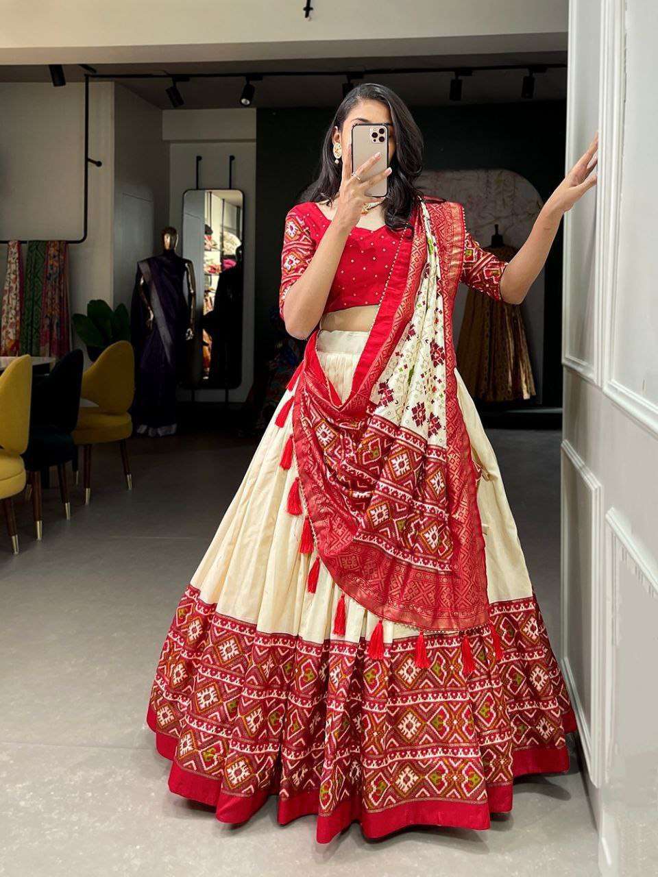 Women's Tussar Silk Patola Print Lehenga Choli Dupatta Set - Image 3